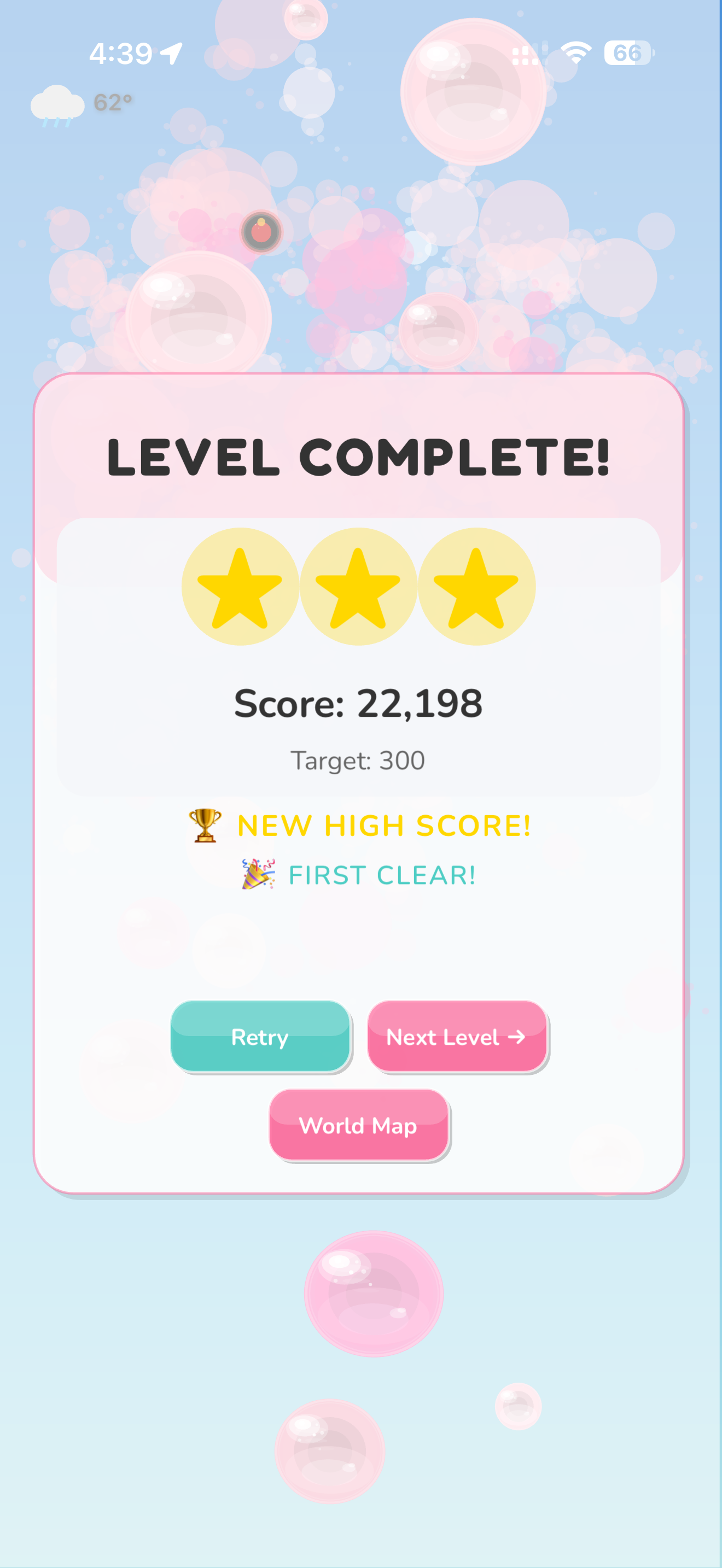 Splat Pop gameplay showing colorful bubbles floating across a pastel sky